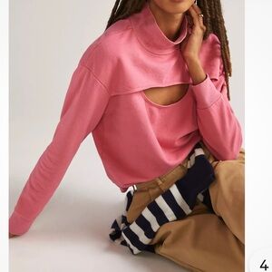 ANTHROPOLOGIE T.La WOMEN'S PINK LONG SLEEVE CUT-OUT FUNNEL NECK SWEATSHIRT Sz XL